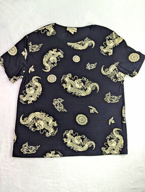 Vintage Frazier Lawrence Dragon Medallion Print Top 2X Black Gold Y2K Slinky USA